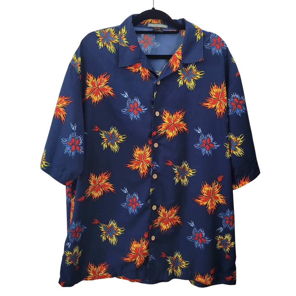 Street Culture Mens XXL Button Up Shirt Navy‎ Floral Flame Print Short Sleeve